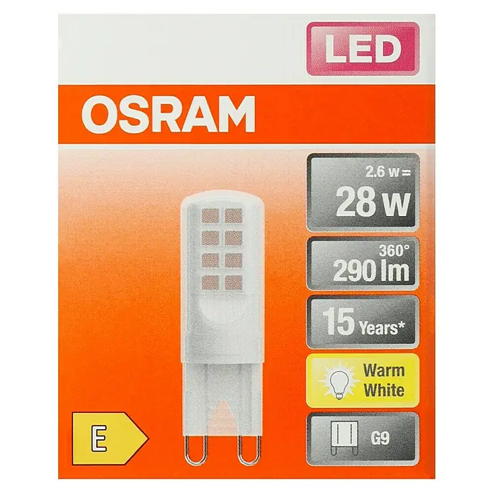 Osram LED-Lampe Pin G9 - G9, Nicht Dimmbar, Warmweiß, 290 lm, 28 W - Nahaufnahme einer Osram LED-Lampe, die Energieeffizienz und warmweißes Licht verspricht. Ideal für eine gemütliche Atmosphäre.