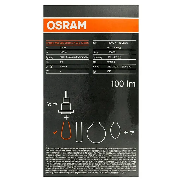 Osram LED-Lampe Vintage Edition 1906 Birnenform E27 - E27, Nicht Dimmbar, Warmweiß, 100 lm, 3,5 W, Smoke - OSRAM Vintage 1906 LED Edison 3.4W Lampe, 100 Lumen, warmweißes Licht, ideal für dekorative Beleuchtung in Wohnräumen.