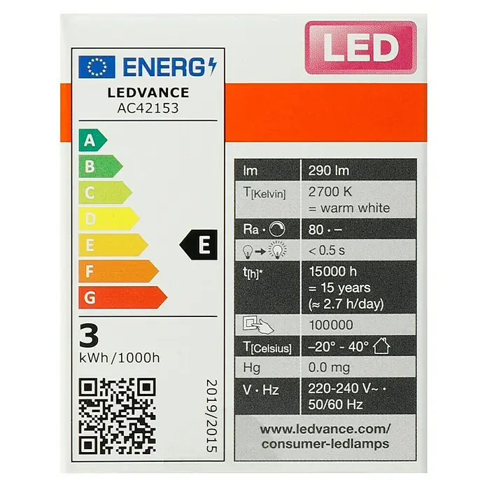 Osram LED-Lampe Pin G9 - G9, Nicht Dimmbar, Warmweiß, 290 lm, 28 W - LEDVANCE AC42153 LED-Lampe Energieetikett mit Details zu Energieeffizienz, Verbrauch und Lebensdauer.