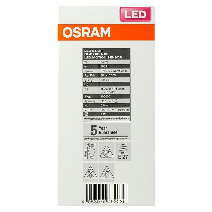 Osram LED svetlobni vir v obliki žarnice E27 - prozorna  (E27, Ni mogoče zatemniti, Toplo bela, 806 lm, 7,3 W) | LED luči | Svetlila | Elektro in svetila | Izdelki | BAUHAUS
