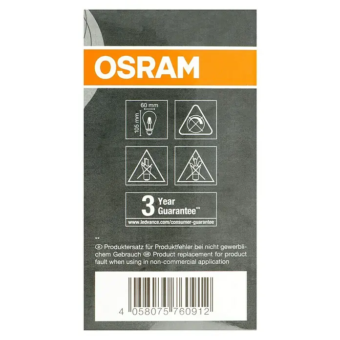 Osram LED-Lampe Vintage Edition 1906 Glühlampenform E27 - E27, Nicht Dimmbar, Warmweiß, 100 lm, Birne, Smoke - Produktverpackung der Marke OSRAM mit Angaben zu Größe, Sicherheitshinweisen, 3 Jahren Garantie und Barcode.