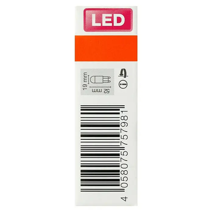 Osram LED-Lampe Pin G9 - G9, Nicht Dimmbar, Warmweiß, 430 lm, 42 W - Abbildung einer LED-Lampe mit den Maßen 19 mm x 52 mm und einem Barcode zur Identifizierung des Produkts. Das Produkt ist als LED gekennzeichnet.