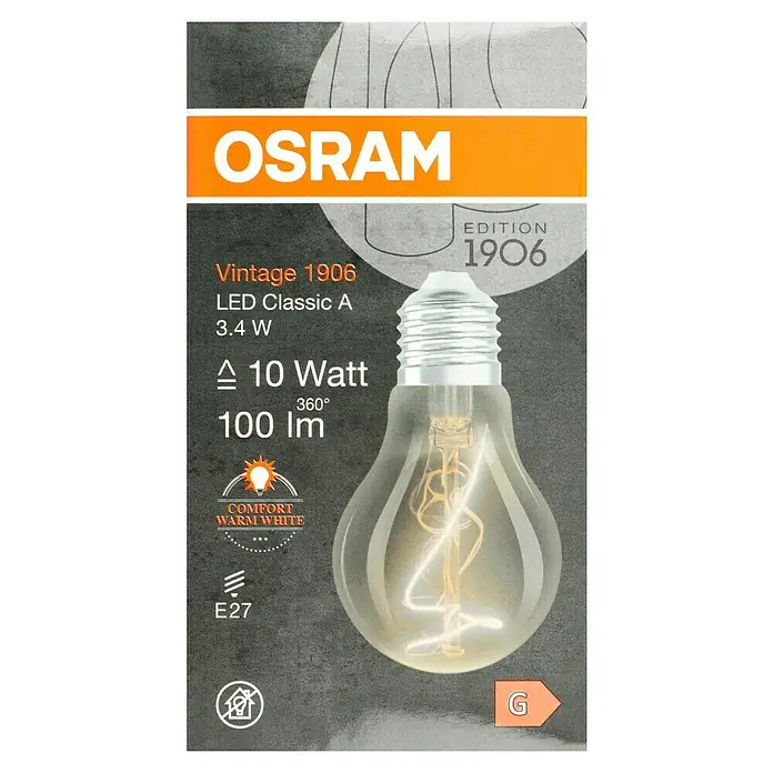 Osram LED-Lampe Vintage Edition 1906 Glühlampenform E27 - E27, Nicht Dimmbar, Warmweiß, 100 lm, Birne, Smoke - Produktverpackung einer Osram Vintage 1906 LED Classic A 3.4 W Lampe mit 100 Lumen Lichtstrom und E27 Sockel.