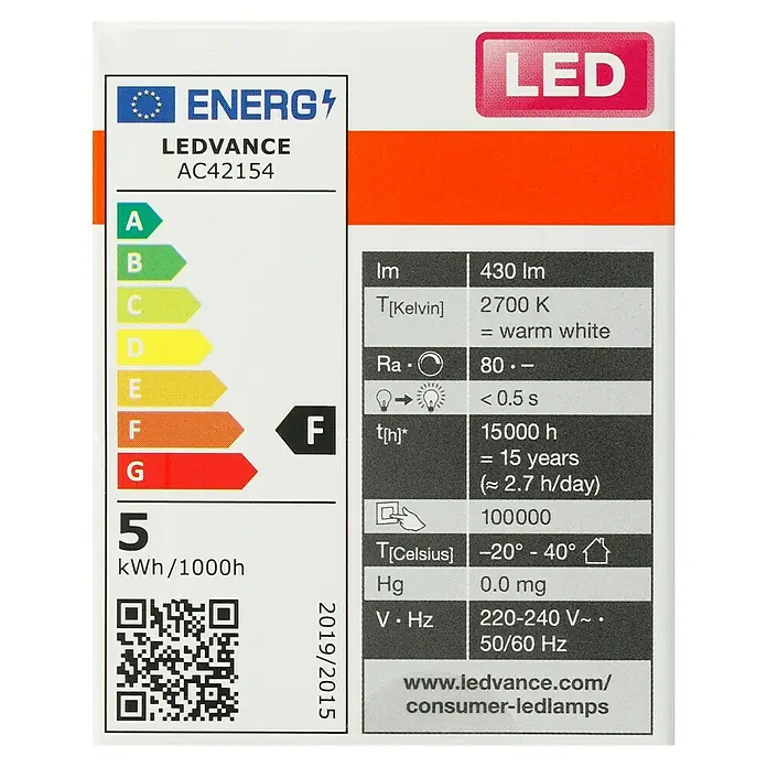 Osram LED-Lampe Pin G9 - G9, Nicht Dimmbar, Warmweiß, 430 lm, 42 W - Energielabel der LEDVANCE AC42154 LED-Lampe mit Angaben zu Energieeffizienz, Lichtstrom und Lebensdauer.