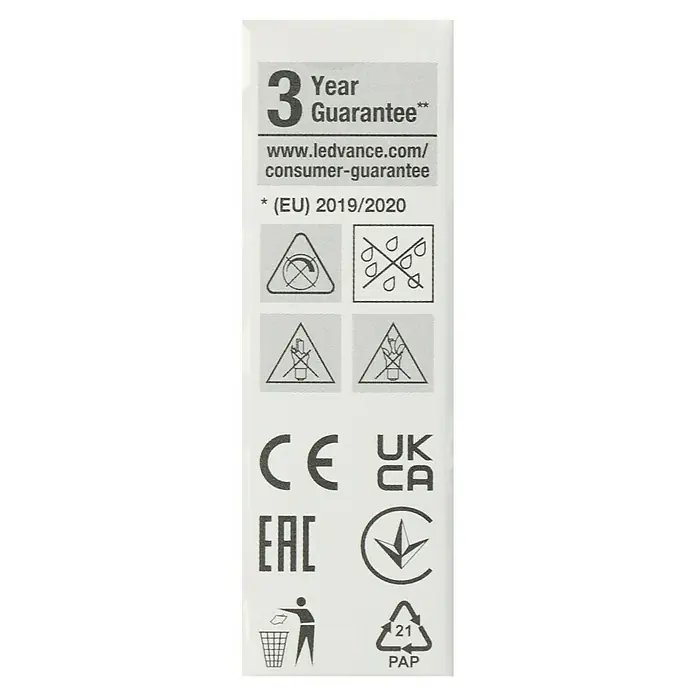 Osram LED-Lampe Pin G9 - G9, Nicht Dimmbar, Warmweiß, 430 lm, 42 W - Produktetikett mit Garantiehinweisen, CE-Kennzeichnung, Entsorgungshinweisen und Recyclingcode für Papierverpackungen.