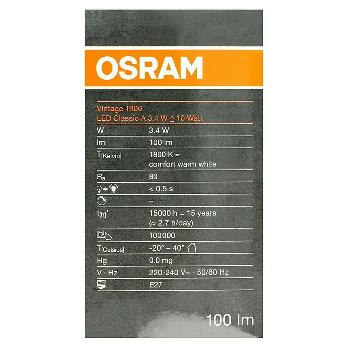 Osram LED-Lampe Vintage Edition 1906 Glühlampenform E27 - E27, Nicht Dimmbar, Warmweiß, 100 lm, Birne, Smoke - Nahaufnahme der technischen Details einer Osram Vintage 1906 LED Classic A 3.4W Glühbirne, die Helligkeit und Lebensdauer hervorhebt.