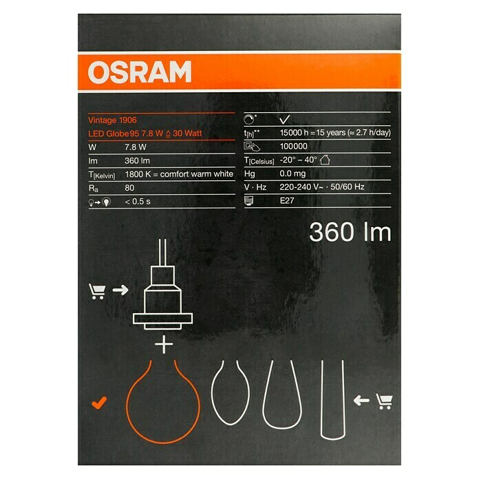 Osram LED svetlobni vir Vintage Edition 1906 okrogle oblike E27  (Premer: 9,5 cm, E27, Možnost zatemnitve, Toplo bela, 360 lm, 7,8 W) | LED luči | Svetlila | Elektro in svetila | Izdelki | BAUHAUS