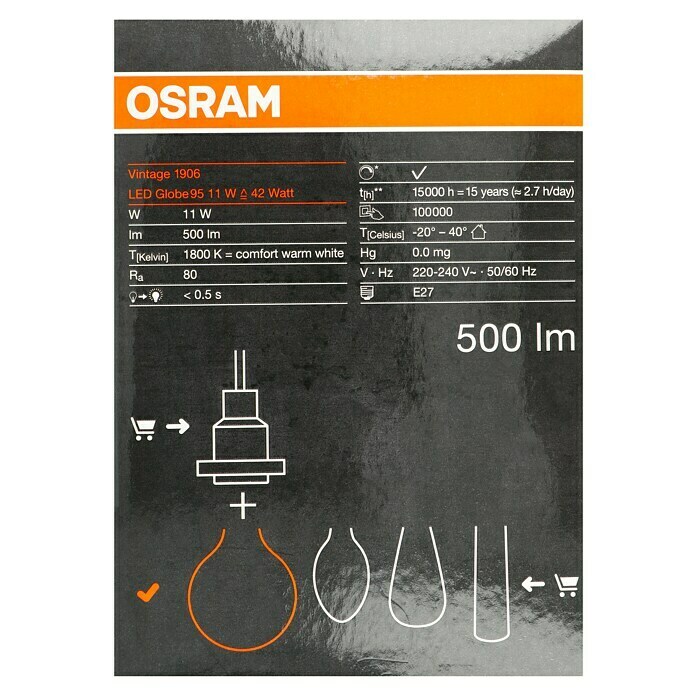Osram LED-Lampe Vintage Edition 1906 Globe-Form E27 (E27, Dimmbar, Warmweiß, 500 lm, 11 W) | BAUHAUS