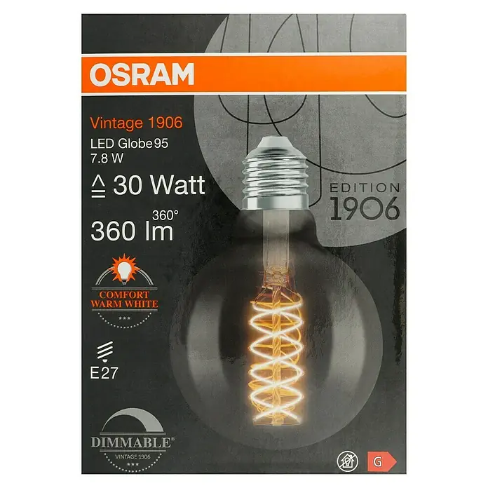 Osram LED-Lampe Vintage Edition 1906 Globe-Form E27 - Durchmesser: 9,5 cm, E27, Dimmbar, Warmweiß, 360 lm, 7,8 W - Produktverpackung einer OSRAM Vintage 1906 LED Globe 95 Lampe mit 7.8W, die 30W entspricht und 360 lm Lichtstrom bietet.
