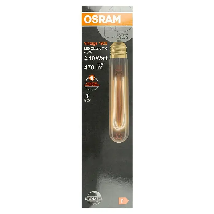 Osram LED-Lampe Vintage Edition 1906 Globe-Form E27 - E27, Dimmbar, Warmweiß, 470 lm, 4,8 W - Nahaufnahme einer OSRAM Vintage 1906 LED Classic T10 4.8W Lampe, die ein warmes, komfortables Licht ausstrahlt und dimmbar ist.