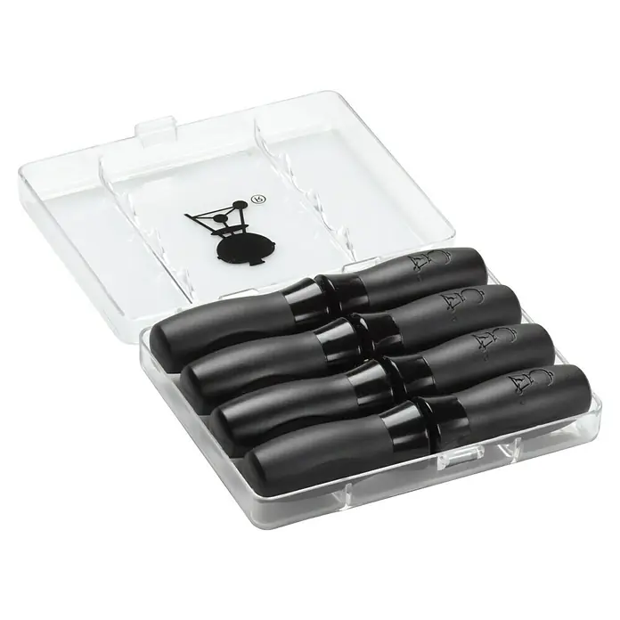 Weber Maiskolbenhalter - 8 Stk. - Das Bild zeigt eine durchsichtige Box mit sechs schwarzen Handgriffen, möglicherweise für Grillwerkzeuge oder ähnliches Zubehör.