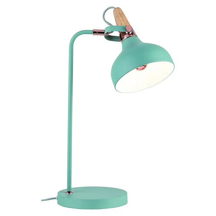 Paulmann Neordic Tischleuchte Juna - 20 W, Softgrün, E14 - Nahaufnahme einer türkisfarbenen Schreibtischlampe mit Holz- und Roségoldakzenten, die ein warmes, einladendes Licht ausstrahlt.