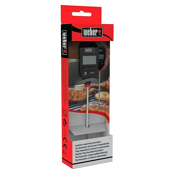 Weber Grill-Thermometer - Digital - Verpackung eines Weber Instant-Read Thermometers. Das Thermometer ist digital und misst die Temperatur von Lebensmitteln.