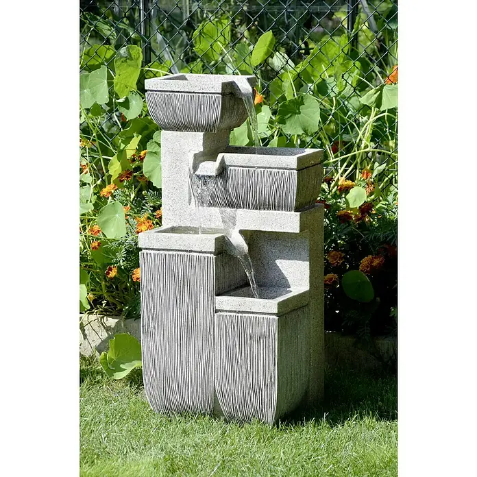 Dobar Gartenbrunnen - 38,7 x 32,3 x 80,3 cm, Kunststoff, Grau - Mehrstufiger Zierbrunnen aus Stein mit Wasserspiel im Garten. Das beruhigende Wasserspiel ist eine schöne Ergänzung für jeden Außenbereich.