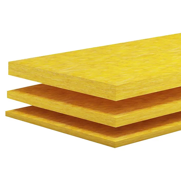 Probau Glaswolle Trennwandplatte TWP1 - Stärke: 100 mm, Wärmeleitfähigkeit: 0,039 W/(mK) - Ansicht von drei gestapelten gelben Mineralwolle-Dämmplatten auf schwarzem Hintergrund. Ideal für Wärme- und Schalldämmung im Bauwesen.