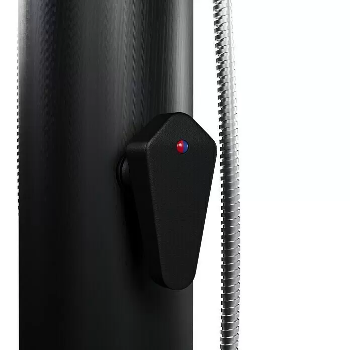myPool Solardusche Portable - Höhe: 1,49 m, Kunststoff, Schwarz, 14 l - Schwarze strukturierte Außendusche mit schwarzem Hebelgriff (rot/blau Indikatoren) und silbernem Flexschlauch.