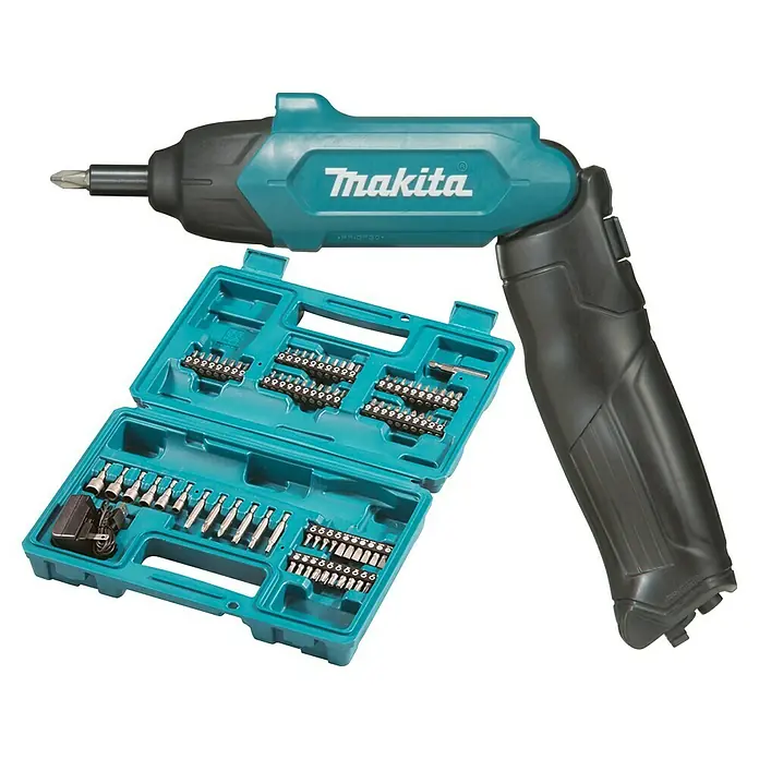 Makita Akku-Knickschrauber DF001DW - 3,6 V, 1 Akku, 4 Nm - Makita Akku-Winkelschrauber mit Zubehörsatz in einem türkisfarbenen Koffer für vielseitige Schraubanwendungen.