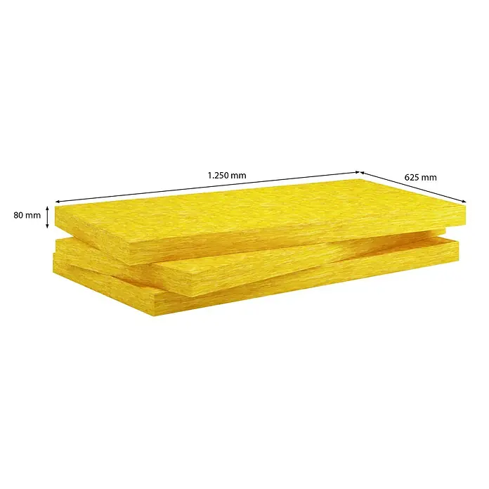 Probau Glaswolle Trennwandplatte TWP1 - Stärke: 80 mm, Wärmeleitfähigkeit: 0,039 W/(mK) - Isolierplatten aus Mineralwolle, gelb, gestapelt, mit den Maßen 1.250 mm x 625 mm x 80 mm für effektive Wärmedämmung.