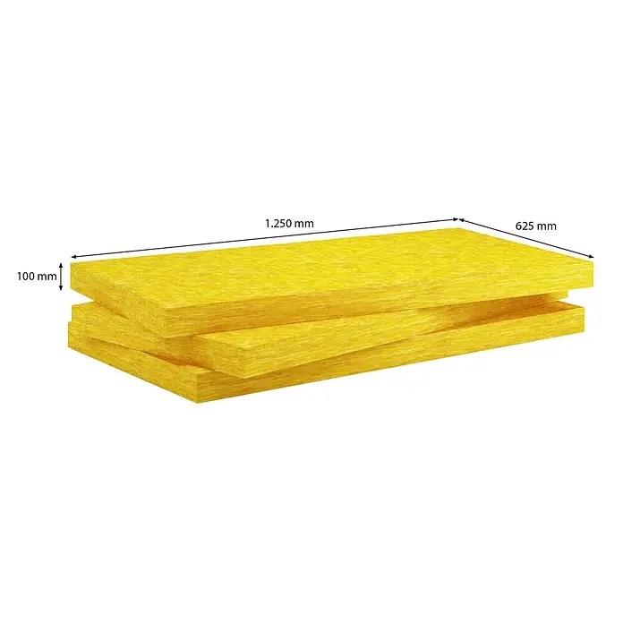 Probau Glaswolle Trennwandplatte TWP1 - Stärke: 100 mm, Wärmeleitfähigkeit: 0,039 W/(mK) - Abbildung von drei gelben Steinwolleplatten mit den Maßen 1.250 mm Länge, 625 mm Breite und 100 mm Dicke.