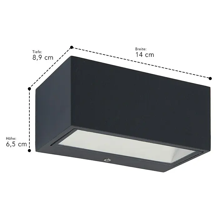 Lutec LED-Außenwandleuchte Gemini - 10,5 W, 14 x 9 x 6,5 cm, Anthrazit, IP54 - Bild einer schwarzen rechteckigen Wandleuchte mit den Maßen: Höhe 6,5 cm, Tiefe 8,9 cm und Breite 14 cm.