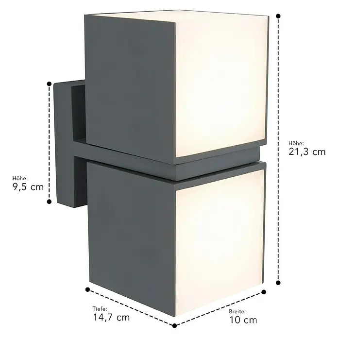Lutec Cuba LED-Außenwandleuchte - 24 W, 10 x 9,5 x 21,3 cm, Anthrazit/Weiß, IP54 - Eine Würfel-Wandleuchte mit den Maßen Höhe: 21,3 cm, Breite: 10 cm und Tiefe: 14,7 cm. Die Wandhalterung ist 9,5 cm hoch.