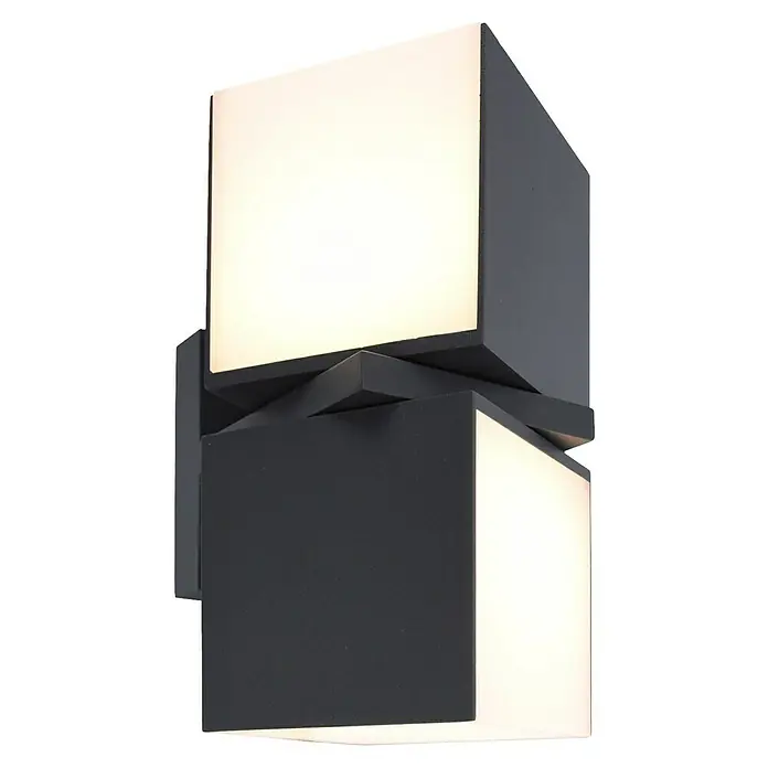Lutec Cuba LED-Außenwandleuchte - 24 W, 10 x 9,5 x 21,3 cm, Anthrazit/Weiß, IP54 - Nahaufnahme einer modernen, grauen Wandleuchte mit zwei Würfeln, die ein warmes, angenehmes Licht ausstrahlen. Elegantes Design für Innen- und Außenbereiche.