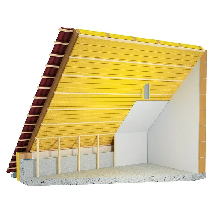 Probau Glaswolle Spannfilz SF 32 - Stärke: 120 mm, Wärmeleitfähigkeit: 0,032 W/(mK) - Grafik einer Dachisolierung, die die verschiedenen Schichten und Materialien für Wärmedämmung in einem Gebäude zeigt.