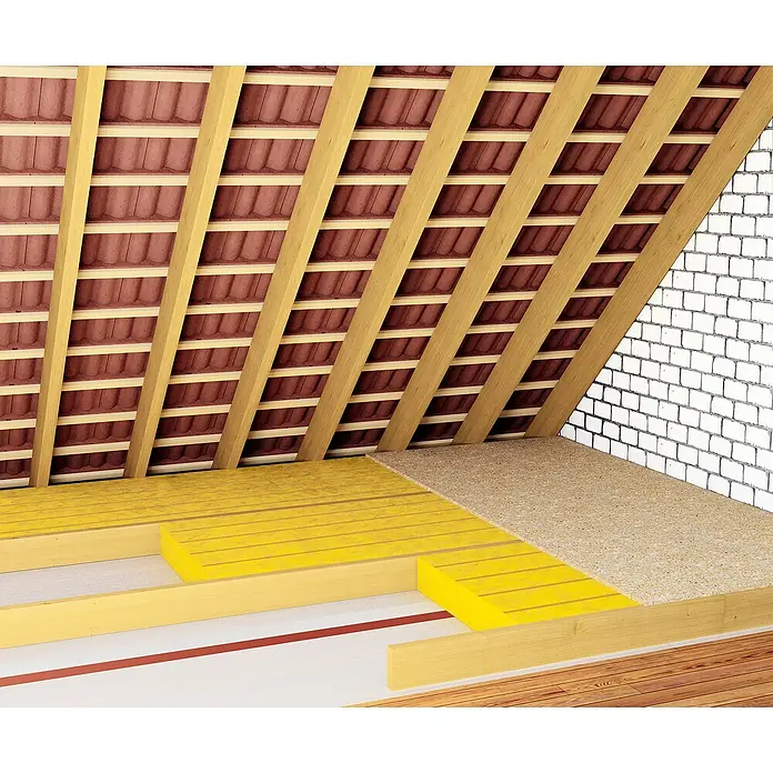 Probau Glaswolle Spannfilz SF 32 - Stärke: 120 mm, Wärmeleitfähigkeit: 0,032 W/(mK) - Dachbodenisolierung mit gelben Dämmplatten und mineralischer Wolle unter rotem Ziegeldach und weißer Ziegelwand für besseren Wärmeschutz.