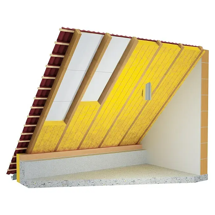 Probau Glaswolle Spannfilz SF 32 - Stärke: 120 mm, Wärmeleitfähigkeit: 0,032 W/(mK) - Isolierter Dachaufbau mit Dämmmaterial und Holzkonstruktion, der die Wärme im Haus hält. Perfekt für energieeffizientes Wohnen.