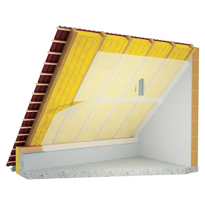 Probau Glaswolle Spannfilz SF 32 - Stärke: 120 mm, Wärmeleitfähigkeit: 0,032 W/(mK) - Querschnitt eines Dachbodens mit Isolierung, Holzbalken und Ziegeln, der die Konstruktionsdetails und die Wärmedämmung zeigt.