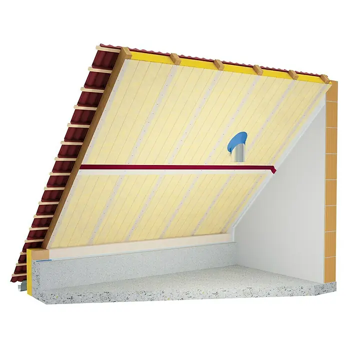 Probau Glaswolle Spannfilz SF 32 - Stärke: 120 mm, Wärmeleitfähigkeit: 0,032 W/(mK) - Ansicht eines Dachschnitts mit Isolierung und Belüftung, der die Bauweise und verwendeten Materialien zeigt.