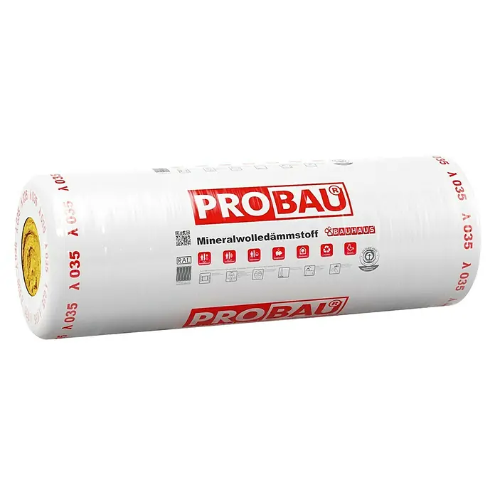 Probau Glaswolle Spannfilz SF 35 - Stärke: 200 mm, Wärmeleitfähigkeit: 0,035 W/(mK) - Eine Rolle ProBAU Mineralwolle Dämmstoff, eine hochwertige Isolierung für Ihr Zuhause, verpackt in Folie mit Bauhaus-Logo.