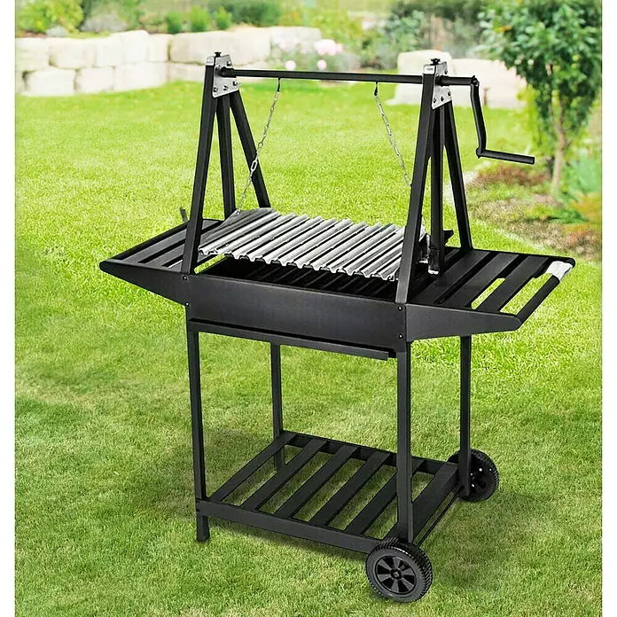 Grillstar Holzkohlegrill Idaho - Grillfläche (B x T): 58,6 x 39,5 cm, Schwarz - Der robuste Grillwagen mit Kurbelmechanismus und praktischen Ablageflächen bietet viel Platz für Grillgut und Zubehör.