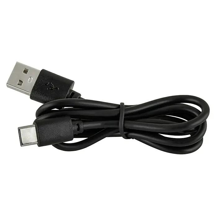 Globo Akku-Tischleuchte GREGOIR - 4 W, Warmweiß, Schwarz, Weiß - Ein schwarzes USB-Kabel mit einem Typ-A- und einem Typ-C-Anschluss, aufgerollt und mit einem Kabelbinder befestigt.