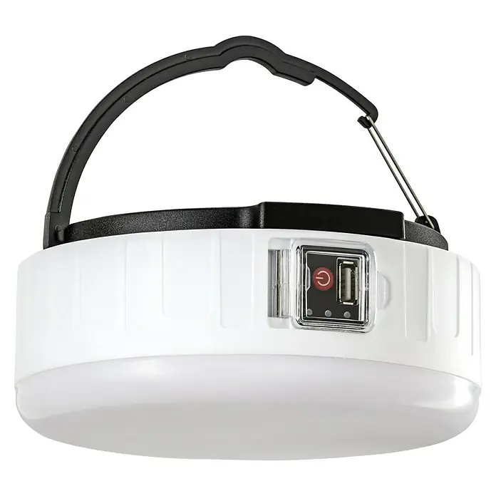 BAUHAUS Mobiles LED-Licht - Schwarz, Weiß, Höhe: 6,7 cm, IP44 - Nahaufnahme einer runden, weißen Campinglampe mit schwarzem Griff und USB-Anschluss, ideal für Outdoor-Aktivitäten.