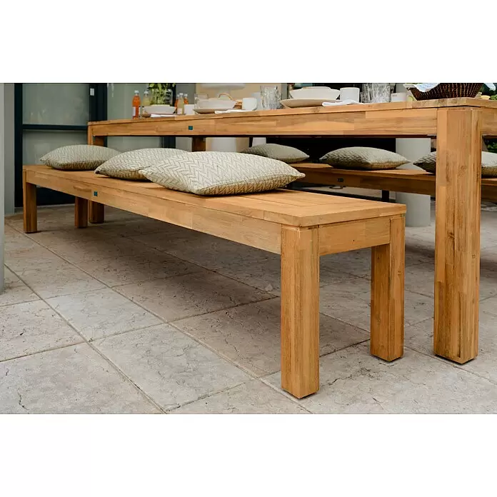 Sunfun Laura Gartenbank - B x T x H: 270 x 42 x 45 cm, Akazie, Braun - Outdoor-Essgruppe aus Holz mit Tisch, Bänken und gemusterten Kissen.