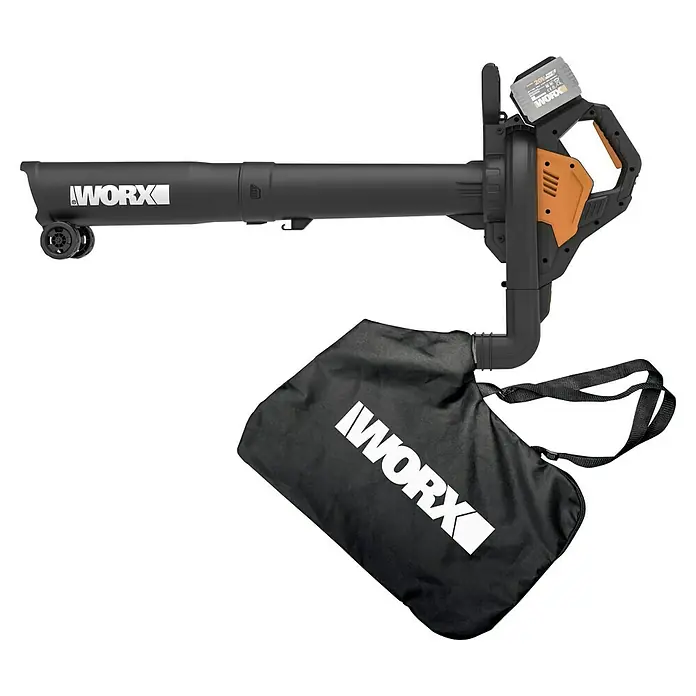 Worx PowerShare 20V Akku-Laubsauger & -Laubbläser WG583E.9 - Ohne Akku, Blasleistung: 575 m³/h, Blasgeschwindigkeit: 335 km/h - Abbildung eines WORX Akku-Laubsaugers/-bläsers mit Akku und Fangsack für den Garten.