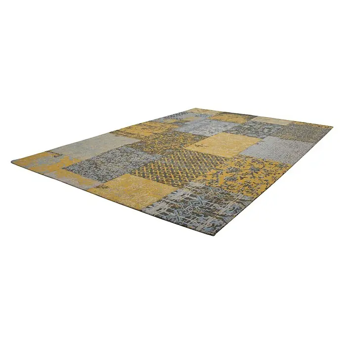 Kayoom Flachgewebeteppich Jacquard - Gold, 150 x 80 cm, 100 % Baumwolle - Ein moderner Patchwork-Teppich in Gelb- und Grautönen mit verschiedenen Mustern, der einen stilvollen Akzent in jedem Raum setzt.