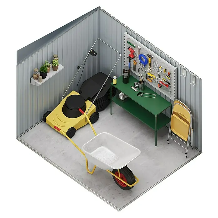 Hoggar Gerätehaus Gänsen II - Außenmaß inkl. Dachüberstand (B x T): 238 x 193 cm, Grundfläche: 4,6 m², Anthrazitgrau, Stahl - Illustration eines Gartenschuppens mit Rasenmäher, Schubkarre und Werkbank, ideal für Gartengeräte und Werkzeugaufbewahrung.