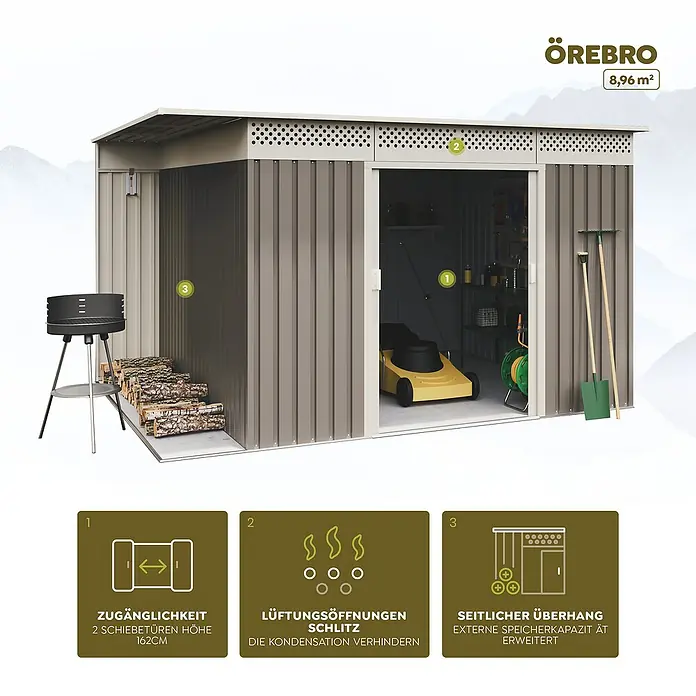 Hoggar Gerätehaus Örebro - Außenmaß inkl. Dachüberstand (B x T): 333 x 269 cm, Taupe, Stahl, Grundfläche: 8,96 m² - Abbildung eines Örebro-Gartenschuppens mit Schiebetüren, Belüftungsschlitzen und seitlichem Überhang für zusätzliche Speicherkapazität.