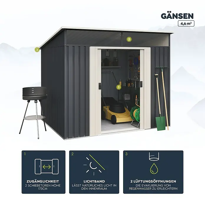 Hoggar Gerätehaus Gänsen II - Außenmaß inkl. Dachüberstand (B x T): 238 x 193 cm, Grundfläche: 4,6 m², Anthrazitgrau, Stahl - Das GÄNSEN Gerätehaus mit 4,6 m² Fläche bietet viel Stauraum für Gartengeräte. Es verfügt über Schiebetüren, Lichtband und Lüftungsöffnungen.