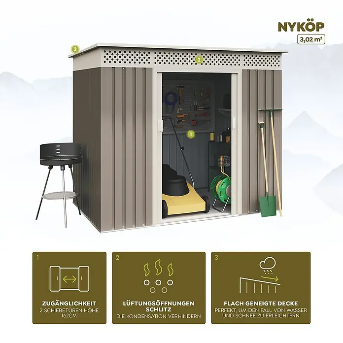 Hoggar Gerätehaus Nyköp - Außenmaß inkl. Dachüberstand (B x T): 213 x 142 cm, Taupe, Stahl, Grundfläche: 3,02 m² - Abbildung eines geräumigen Gartenhauses mit Schiebetüren, Belüftungsöffnungen und einem flach geneigten Dach für Wasser- und Schneeableitung.