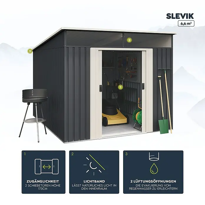Hoggar Gerätehaus Slevik - Außenmaß inkl. Dachüberstand (B x T): 238 x 279 cm, Anthrazitgrau, Stahl, Grundfläche: 6,6 m² - Ein geräumiger Geräteschuppen SLEVIK (6,6 m²) mit Schiebetüren, Lichtband und Belüftungsöffnungen, ideal für die Gartenaufbewahrung.