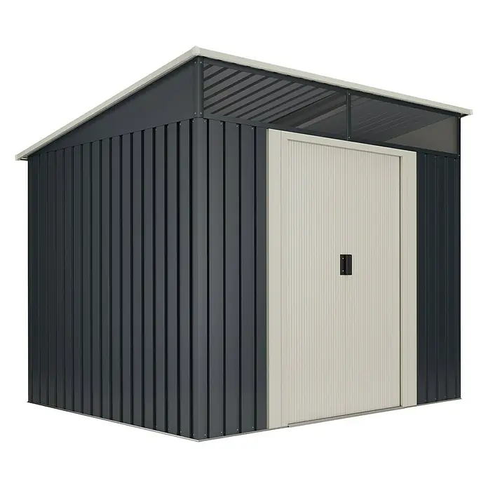 Hoggar Gerätehaus Gänsen II - Außenmaß inkl. Dachüberstand (B x T): 238 x 193 cm, Grundfläche: 4,6 m², Anthrazitgrau, Stahl - Ein Metall-Gartenhaus mit einer Schiebetür und einem hellen Dach für die Aufbewahrung von Gartengeräten.