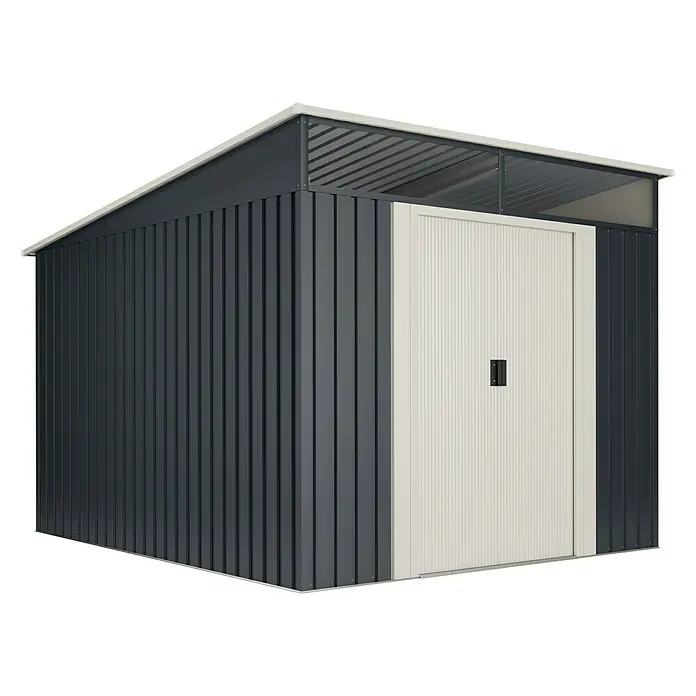 Hoggar Gerätehaus Slevik - Außenmaß inkl. Dachüberstand (B x T): 238 x 279 cm, Anthrazitgrau, Stahl, Grundfläche: 6,6 m² - Metall-Gartenschuppen mit einer Tür und einem Oberlicht unter dem Dach. Der Schuppen hat eine graue Farbe und ein modernes Design.