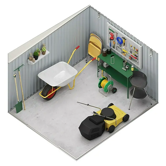 Hoggar Gerätehaus Slevik - Außenmaß inkl. Dachüberstand (B x T): 238 x 279 cm, Anthrazitgrau, Stahl, Grundfläche: 6,6 m² - Eine ordentlich aufgeräumte Werkstatt mit Rasenmäher, Schubkarre, Werkbank und Werkzeugen an der Wand. Der Raum wirkt einladend.