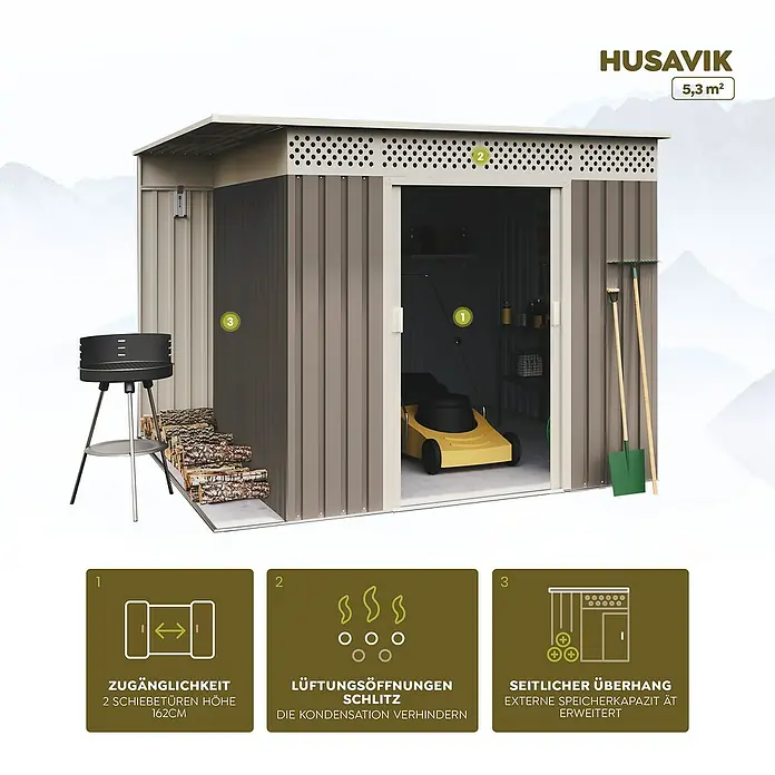 Hoggar Gerätehaus Husavik - Außenmaß inkl. Dachüberstand (B x T): 257 x 206 cm, Taupe, Stahl, 5,3 m² - Abbildung eines HUSAVIK Geräteschuppens mit Schiebetüren, Belüftungsöffnungen und seitlichem Überhang für erweiterte Speicherkapazität.