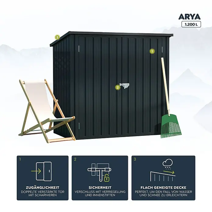 Hoggar Geräteschrank Arya - Metall, Anthrazitgrau - Bild eines ARYA 1.200 L Geräteschuppens mit Zubehör und Hinweisen zu Zugänglichkeit, Sicherheit und geneigter Decke.