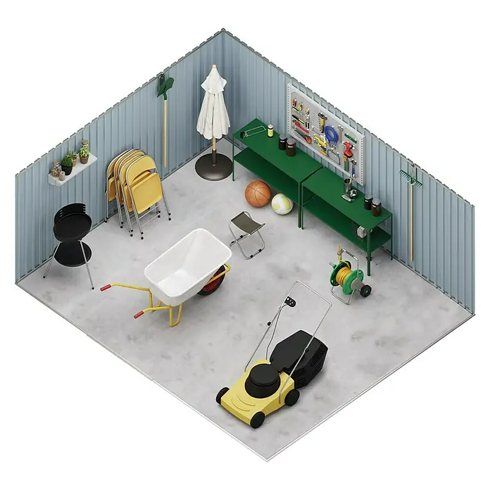 Hoggar Gerätehaus Uppsala - Außenmaß inkl. Dachüberstand (B x T): 397 x 333 cm, Taupe, Metall, Grundfläche: 13,22 m² - Eine isometrische Ansicht eines Schuppens mit Gartengeräten wie Rasenmäher, Schubkarre, Grill und Werkzeugwand.