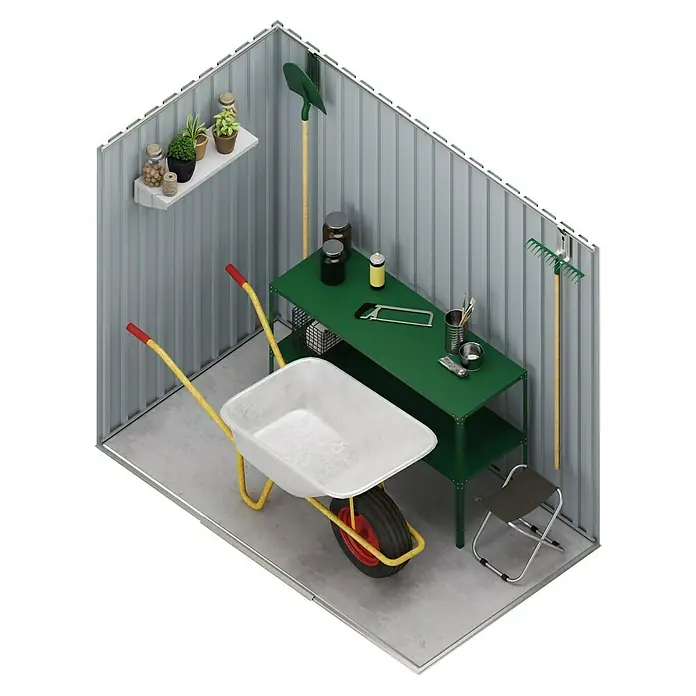 Hoggar Gerätehaus Hofn - Außenmaß inkl. Dachüberstand (B x T): 195 x 121 cm, Anthrazitgrau, Stahl, Grundfläche: 2,3 m² - Gartenhäuschen-Interieur mit Schubkarre, Werkbank, Regal und Gartengeräten. Alles für die Gartenarbeit in einem kompakten Raum.